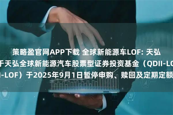 策略盈官网APP下载 全球新能源车LOF: 天弘基金管理有限公司关于天弘全球新能源汽车股票型证券投资基金（QDII-LOF）于2025年9月1日暂停申购、赎回及定期定额投资业务的公告
